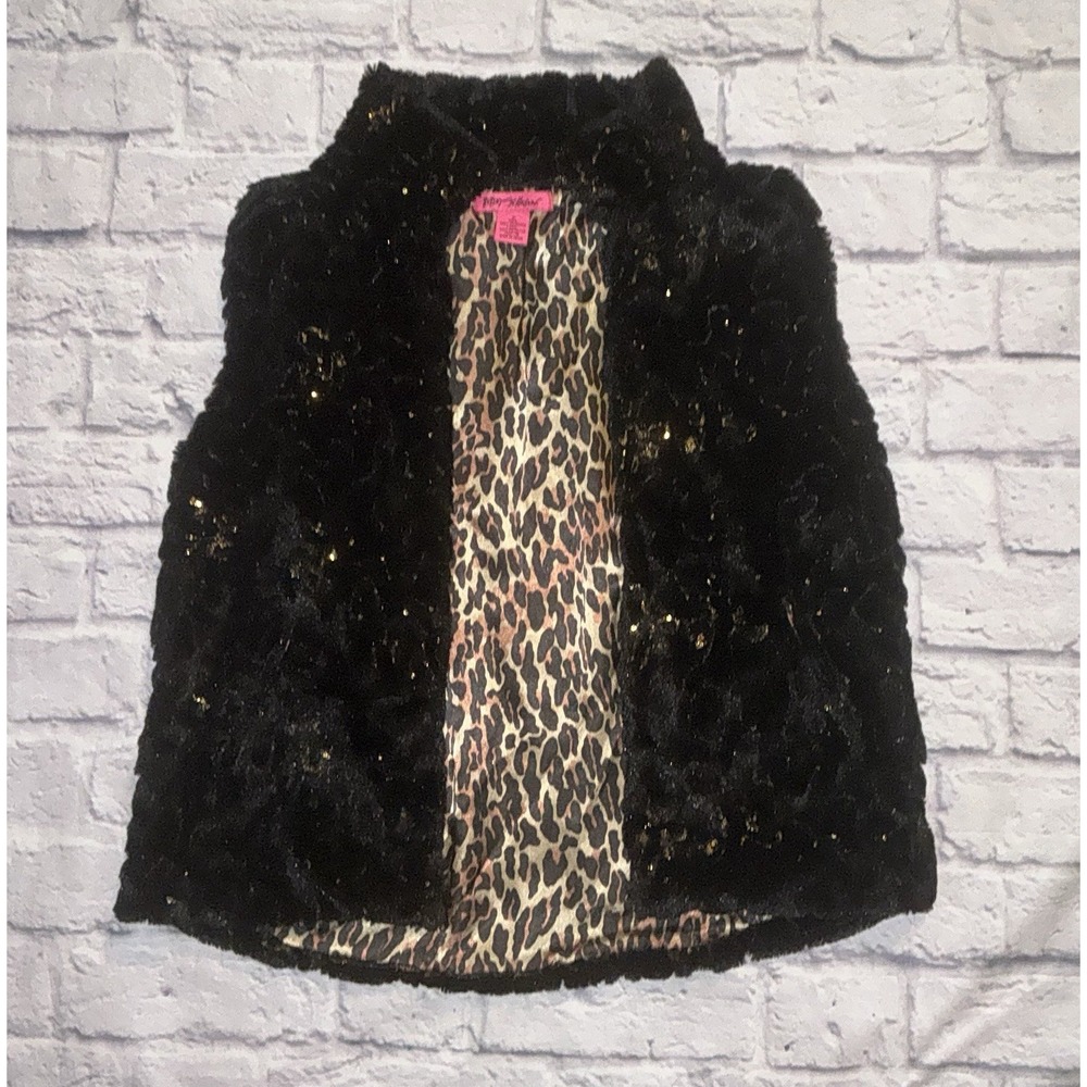 Betsey Johnson Faux Fur Vest W/satin Leopard Print‎ Lining Women's Sz M Bling - Picture 2 of 6